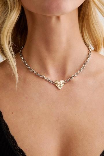 Silver Textured Heart Chunky Chain Necklace