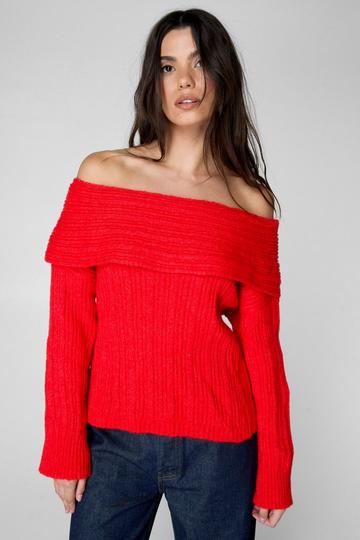 Knitted Off The Shoulder Long Sleeve Top red