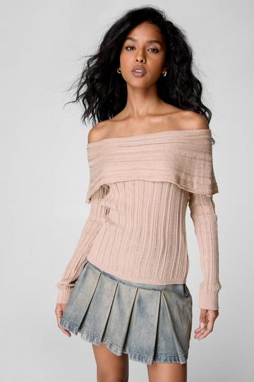 Knitted Off The Shoulder Long Sleeve Top stone