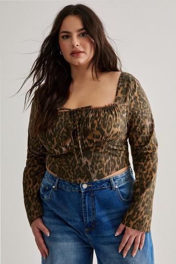 Brown Plus Leopard Long Sleeve Lace Up Back Corset Top