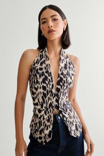 Leopard Print Backless Waistcoat brown