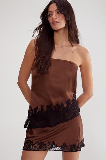 Satin Lace Cutwork Bandeau Asymmetric Top chocolate