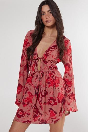 Floral Ruched Tie Front Fluted Sleeve Tunic Dress pink