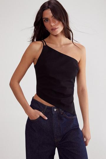 Black Cotton Twill Asym Neck Tailored Top