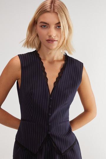 Navy Lace Hem Pinstripe Tailored Vest