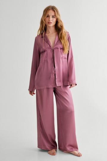 Tie Front Shirt And Pajama Pants Set mauve