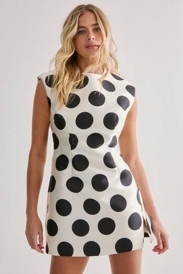 Polka Dot Structured Satin Shoulder Pad Split Mini Dress champagne