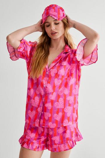 Pink Stripe Heart Ruffle Shirt, Short And Eyemask 3pc Pajama Set