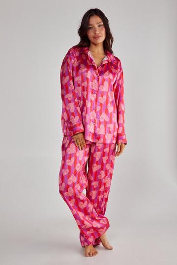 Pink Stripe Heart Oversized Shirt Pajama Pants Set