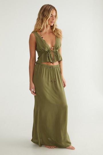 Khaki Crinkle Tie Front beaded Crop Waist Coat And Low Rise Maxi Skirt