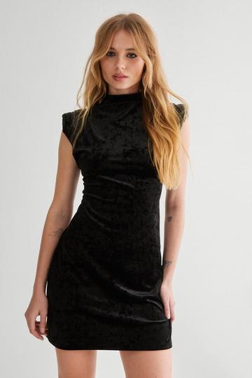 Velvet Slinky Shoulder Pad Mini Dress black