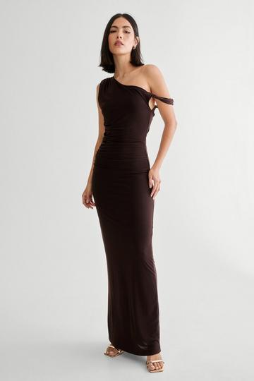 Chocolate Brown Slinky Off Shoulder Maxi Dress