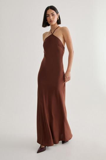 Chocolate Brown Satin Halter Neck Cowl Back Maxi Dress