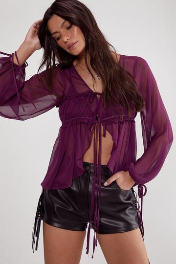 Purple Chiffon Ruched Tie Front Balloon Sleeve Top