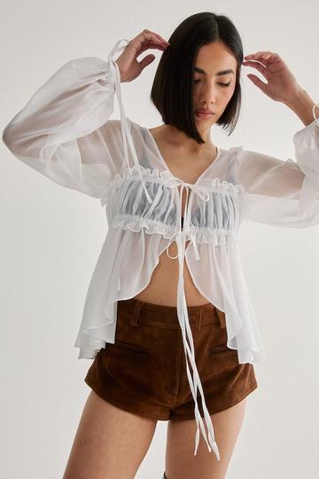 Chiffon Ruched Tie Front Balloon Sleeve Top white