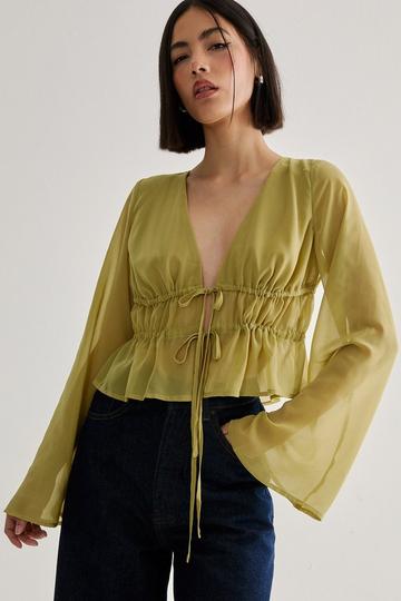 Chiffon Ruffle Tie Front Fluted Sleeve Top chartreuse