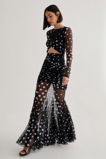 Polka Dot Mesh Cut Out Maxi Dress black