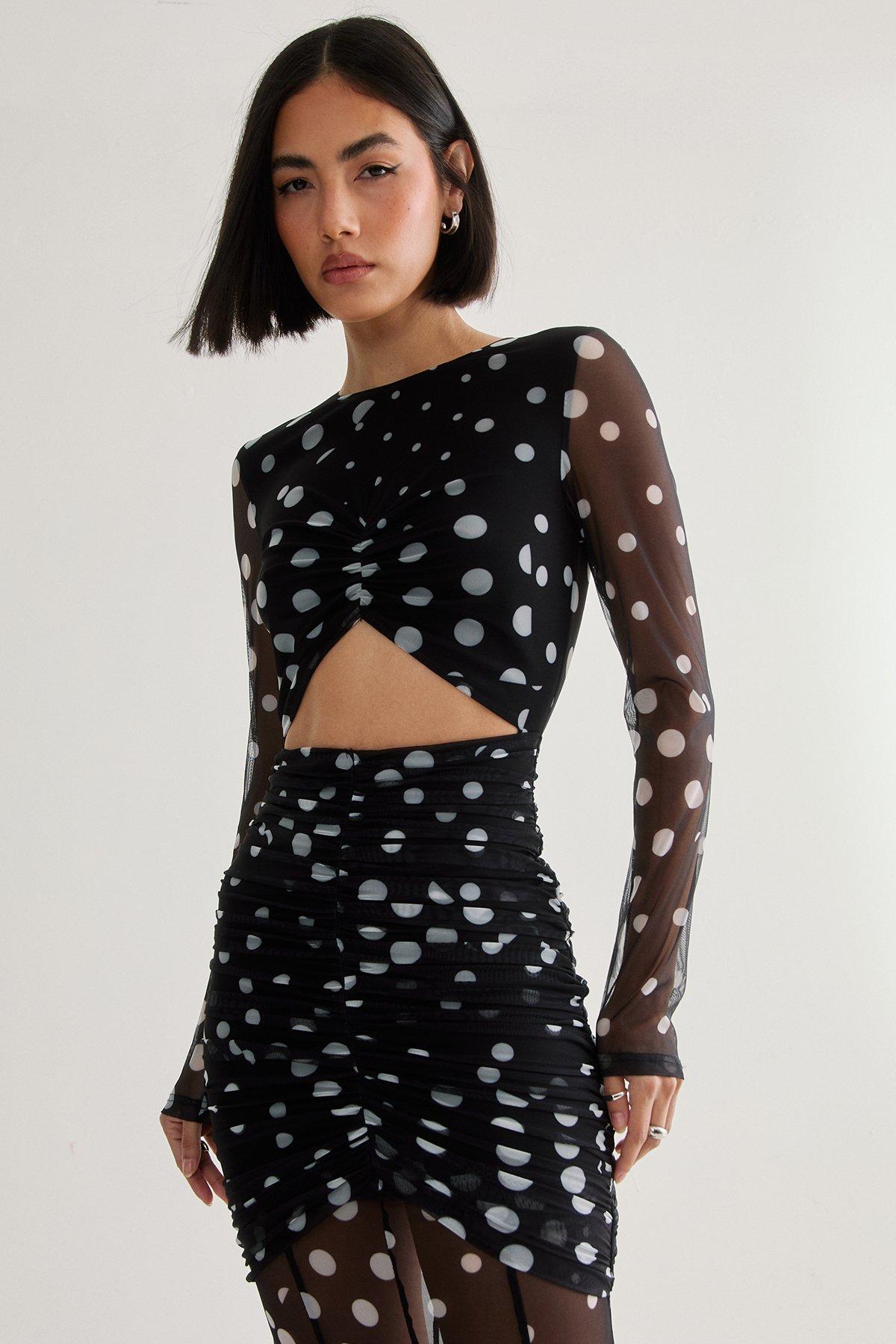 Polka Dot Mesh Cut Out Maxi Dress