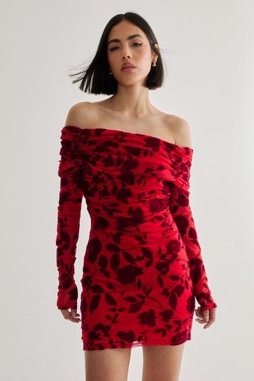 Floral Devore Ruched Mini Dress red