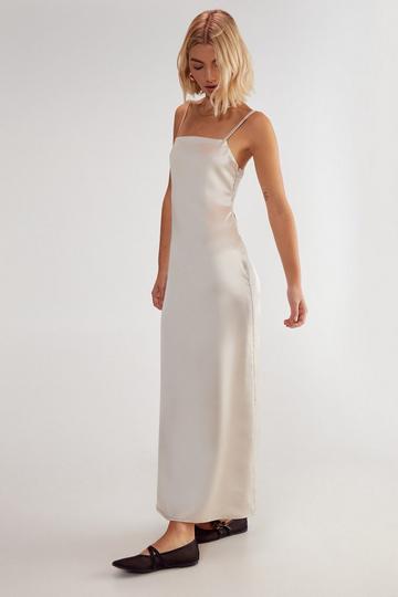 Champagne Beige Satin Square Neck Maxi Slip Dress