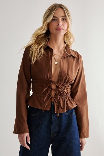 Tie Front Long Sleeve Shirt chocolate