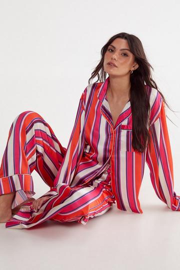 Satin Multi Stripe Shirt And Pants Pajama Set rust