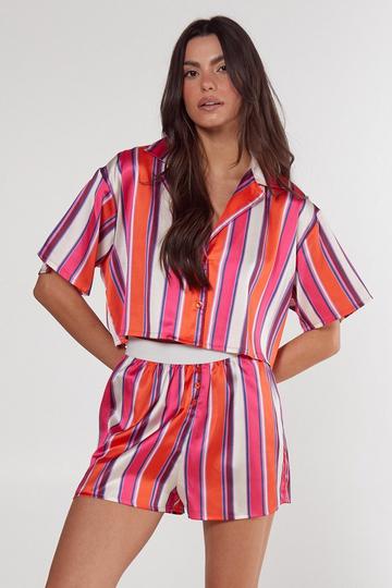 Satin Multi Stripe Cropped Shirt And Shorts Pajama Set rust