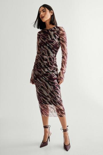 Brown Blurred Animal Print Mesh Long Sleeve Maxi Dress