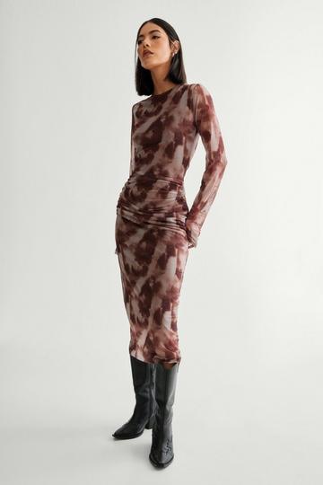 Brown Blurred Print Mesh Long Sleeve Maxi Dress