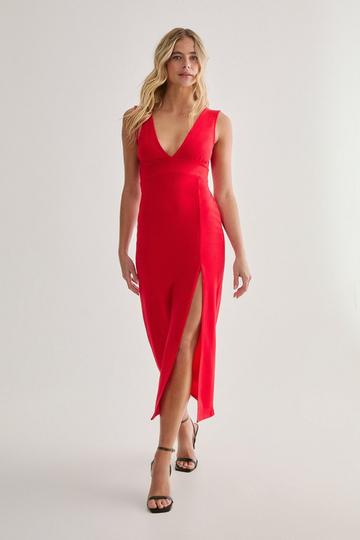 Red Plunging V-Neckline Split Midi Dress