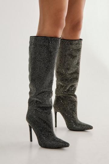 Diamante Embellished Knee High Heeled Boot black