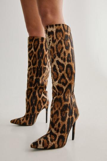 Tan Brown Diamante Embellished Leopard Print Knee High Heeled Boot