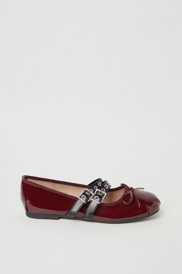 Double Buckle Strap Patent Ballet Flat wine