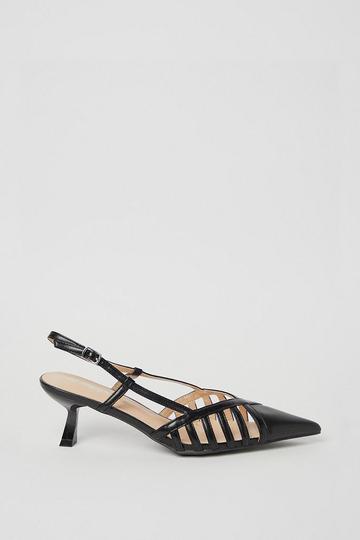 Black Cage Detail Pointed Toe Sling Back Court Shoe