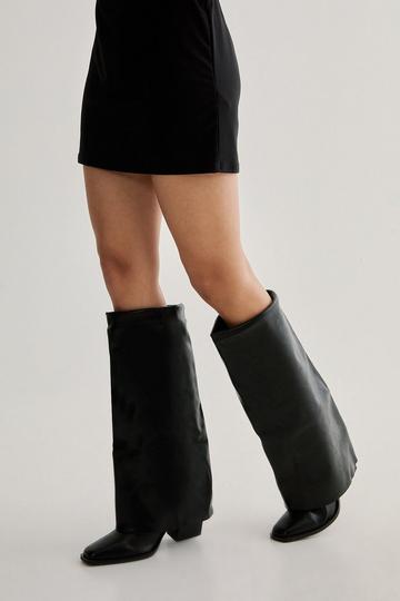 Black Faux Leather Fold-Over Knee High Boot