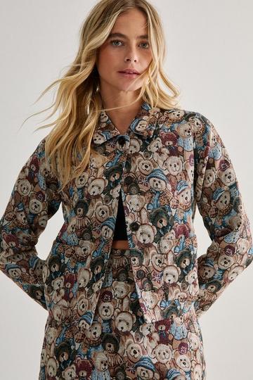 Teddy Print Tapestry Cropped Jacket blue