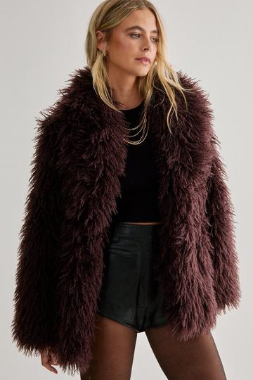 Brown Faux Mongolian Fur Short Jacket