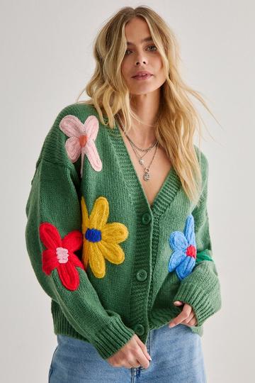 Chunky Knit Flower Detail Cardigan green