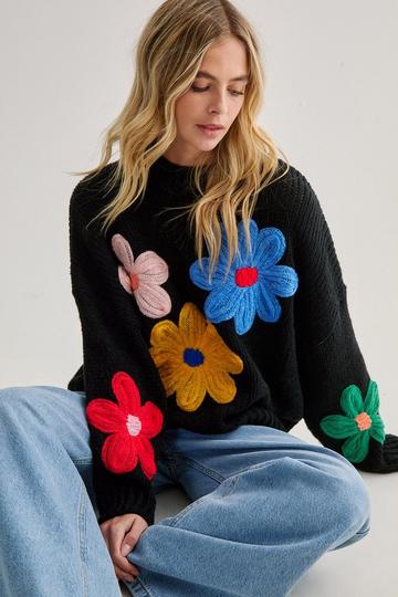 Chunky Knit Flower Detail Crew Neck Jumper black