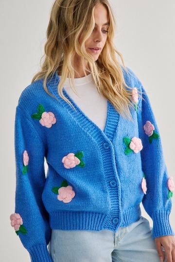 Chunky Knit Rose Detail Cardigan blue