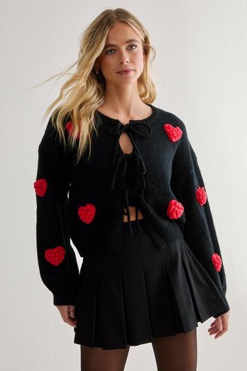 Chunky Knit Heart Detail Tie Front Cardigan black