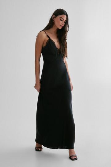 Black Lace Trim Satin Maxi Dress