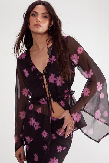 Ditsy Chiffon Ruffle Tie Front Fluted Sleeve Top black