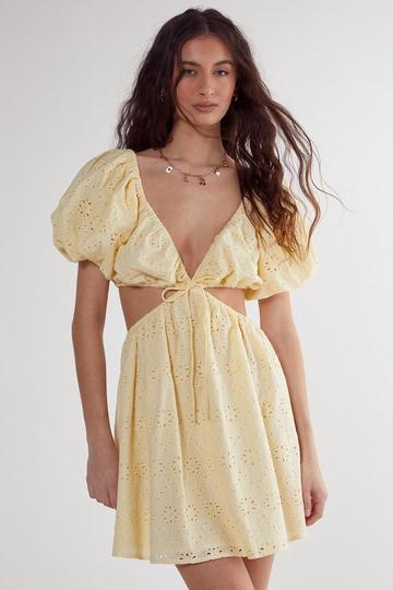 Broderie Cut Out Tie Front Puff Sleeve Skater Dress lemon