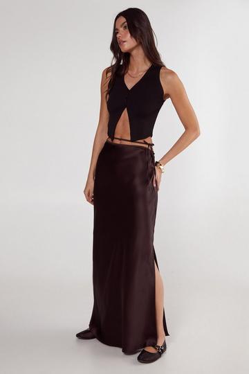 (AM) Satin Cut Out Tie Waist Bias Maxi Skirt chocolate