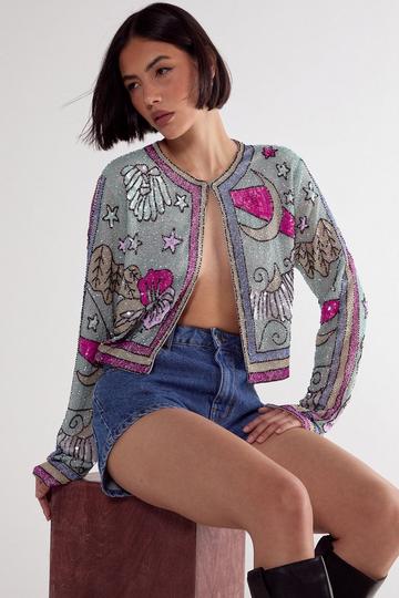 Celestial Placement Beaded Jacket turquoise