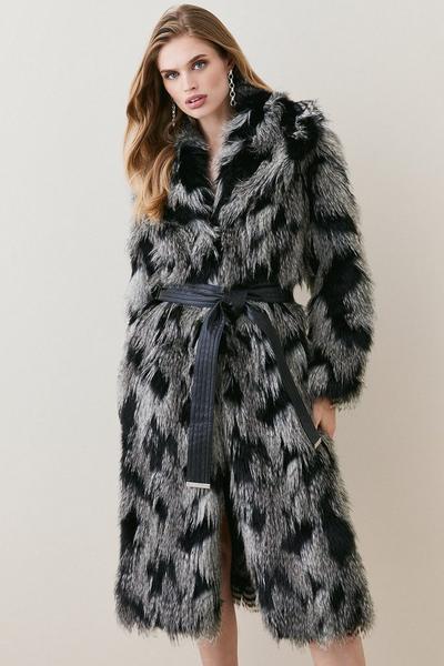 KarenMillen mono Shawl Collar Patched Pile Faux Fur Long Coat