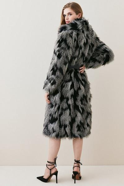 KarenMillen mono Shawl Collar Patched Pile Faux Fur Long Coat
