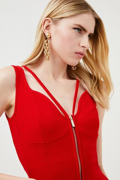 KarenMillen red Figure Form Zip Front Woven Midi Dress