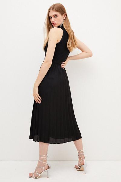 KarenMillen black Cinch Waist Pleat Skirt Bandage Knit Midi Dress